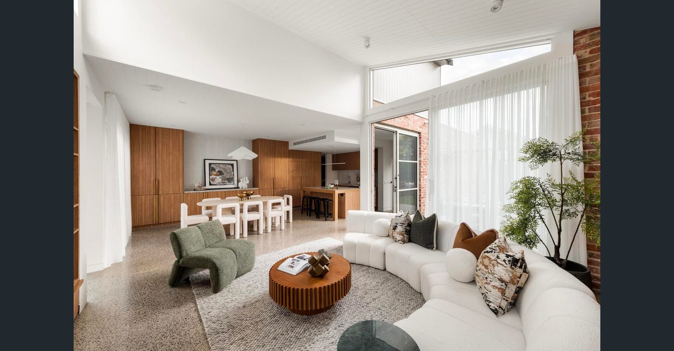 Union Street Brunswick open plan living, dining and kitchen with vaulted ceiling