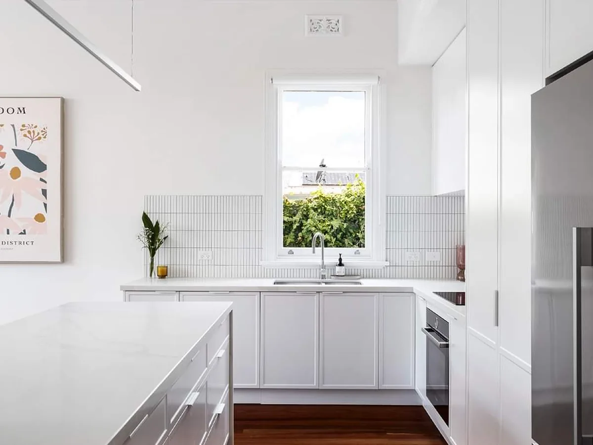 Clyde Street kitchen with tiled splashback and garden window