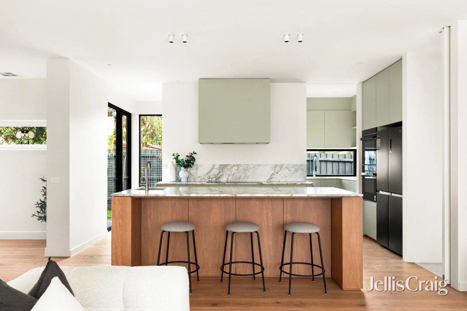 Glen Iris marble kitchen island with timber joinery