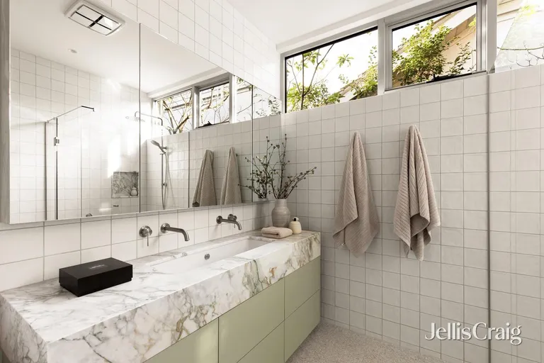 Glen Iris bathroom with stone vanity and green cabinetry